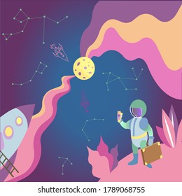Astronaut, suitcase, tickets, rockets, Moon, constellations, cosmos on dark blue gradient background, vector illustration in Flat style for landings or websites, covers, banners, posters, prints.