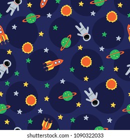 Astronaut, sun, rocket, planet in polka dots navy. A playful, modern, and flexible pattern for brand who has cute and fun style. Repeated pattern. Happy, bright, and magical mood.