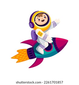 Astronaut-Superheld, der auf einer süßen Rakete fliegt. Kids Space Cartoon Charakter, Science-Technologie-Persönlichkeit in kosmischen Anzug im Weltraum, Baby Boy