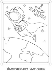 Astronaut superhero flying in space suitable for children's coloring page vector illustration