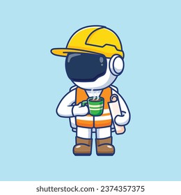 Astronaut as a supervisor manager with a cup of coffee in hand. Vector flat cartoon character illustration