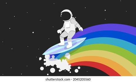 Astronaut surfer on a wave of rainbow