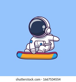 Astronaut Surfing On Moon Vector Icon Illustration. Spaceman Mascot Cartoon Character. Science Icon Concept Isolated. Flat Cartoon Style Suitable for Web Landing Page, Banner, Flyer, Sticker, Card