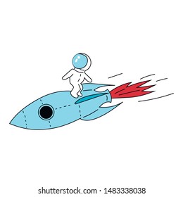 Astronaut surfing on rocket with fire. Cartoon style vector illustration.