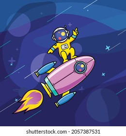 Astronaut surfing a rocket at space cartoon vector illustration