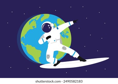 Astronaut surfing in space 2d flat vector illustration