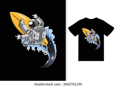 Astronaut surfing in the space illustration with tshirt design premium vector The Concept of Isolated Technology. Flat Cartoon Style Suitable for Landing Web Pages, Banners, Flyers, Stickers, Cards