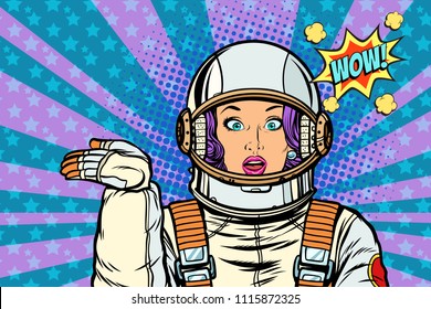 astronaut surprise woman presentation gesture. Pop art retro vector vintage kitsch illustration drawing