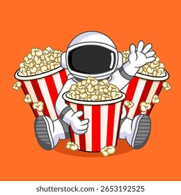Astronauta cercado por baldes pipoca Desfrutando de um projeto de desenho animado de ilustração de vetor de filme