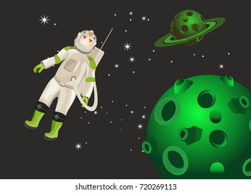 Astronaut swimming float in space. Planets, stars
