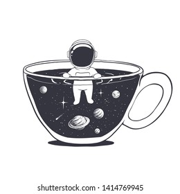 astronaut swims in a cup with space. Hand drawn style. Vector illustration