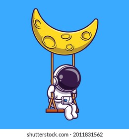 Astronaut Swing On The Moon Cartoon Vector Icon Illustration. Science Technology Icon Concept Isolated Premium Vector. Flat Cartoon Style