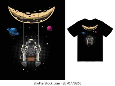 Astronaut swinging on the moon illustration with tshirt design premium vector the Concept of Isolated Technology. Flat Cartoon Style Suitable for Landing Web Pages, Banners, Flyers, Stickers, Cards