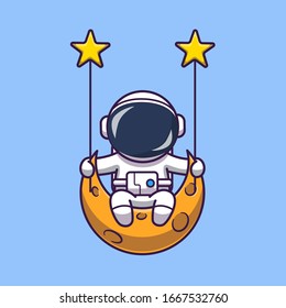 Astronaut Swinging On Moon Vector Icon Illustration. Spaceman Mascot Cartoon Character. Science Icon Concept Isolated. Flat Cartoon Style Suitable for Web Landing Page, Banner, Flyer, Sticker, Card