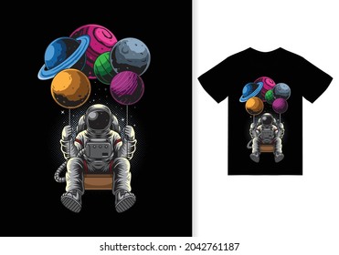 Astronaut Swinging Planets Cartoon Illustration With Tshirt Design Premium Vector The Concept Of Isolated Technology, Banners, Flyers, Stickers