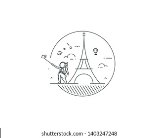 Astronaut take selfie with dreams of Paris ( Eiffel tower ) - Flat Line art vector illustration.
