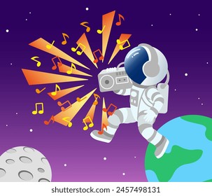 Astronaut takes a big step from the Earth to the Moon with loud music from the boombox. Cartoon vector illustration.