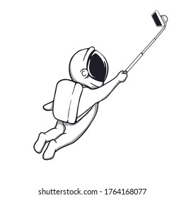 Astronaut takes pictures of himself or makes selfie.Vector illustration