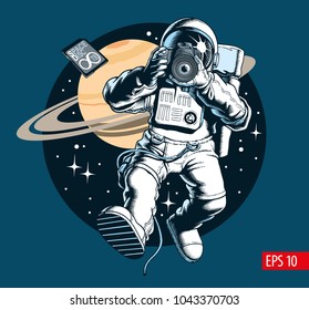 Astronaut taking a photo in space. Digital camera and memory card. Saturn planet and stars on background. Space tourist. Vector illustration.