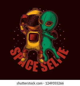 Astronaut taking a selfie with the aliens. Original vector illustration in vintage style.