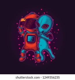 Astronaut taking a selfie with the aliens. Original vector illustration in neon style.