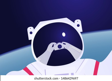 Astronaut taking selfie on the earth background. Spaceman travel around the blue planet. On the helmet there is a mirror of his hands with photo camera. Future travel Vector illustration.