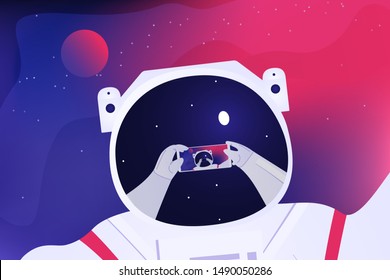 Astronaut taking selfie on the fantastic purple and pink background. Space tourist travel in the space. On the helmet there is a mirror of his hands with photo camera. Travel vector illustration.