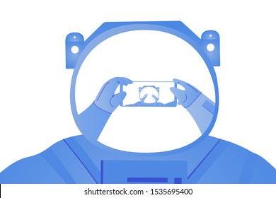 Astronaut taking selfie on the white background. Space tourist travel in the space. On the helmet there is a mirror of his hands with phone. Travel vector illustration.