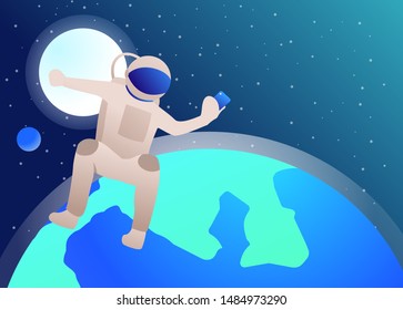 Astronaut taking selfie in open space. Spacesuit, moon, planet, photo. Space concept. Vector illustration can be used for presentation slide, poster, new project