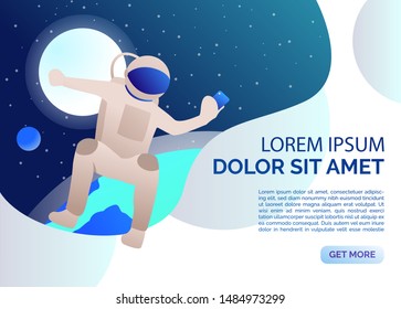 Astronaut taking selfie in open space presentation slide. Spacesuit, moon, planet, photo. Space concept. Vector illustration can be used for presentation slide, poster, new project