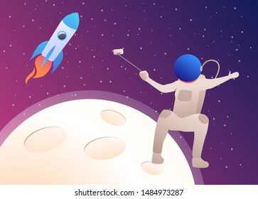 Astronaut taking selfie in outer space. Spacesuit, rocket, planet, photo. Space concept. Vector illustration can be used for presentation slide, poster, new project