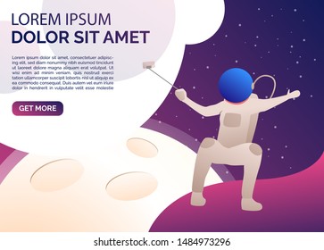 Astronaut taking selfie in outer space presentation slide. Spacesuit, rocket, planet, photo. Space concept. Vector illustration can be used for presentation slide, poster, new project