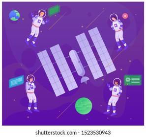 Astronaut talk about satellite space illustration landing page
