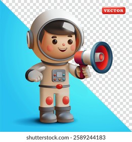 Astronaut talking with megaphone, 3d vector. Suitable for education and design elements