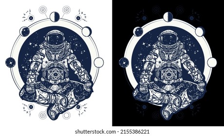 Astronaut tattoo art and design in lotus position. From meditation, harmony, yoga. Alien Yoga
