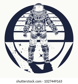 Astronaut tattoo. Cosmonaut in deep space triangular style and t-shirt design, art 