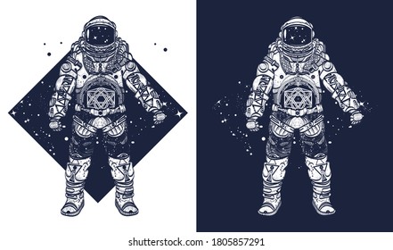 Astronaut tattoo. Cosmonaut in deep space triangular style and t-shirt design. Black and white vector graphics 