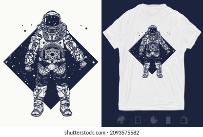 Astronaut tattoo. Cosmonaut in deep space triangular style and t-shirt design. Vector graphics template. Hand drawn illustration 