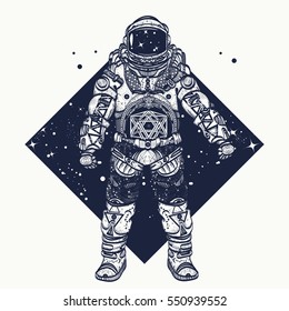 Astronaut tattoo. Cosmonaut in deep space triangular style and t-shirt design