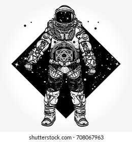 Astronaut tattoo. Cosmonaut in deep space triangular style t-shirt design 