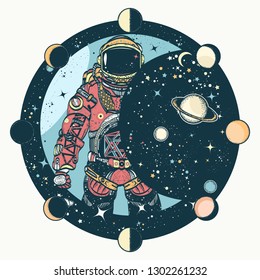 Astronaut tattoo and t-shirt design. Cosmonaut in universe, solar eclipse. Spaceman. Symbol of science, astronomy, education 