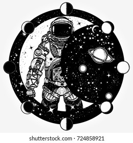 Astronaut tattoo and t-shirt design. Cosmonaut in universe, solar eclipse. Spaceman. Symbol of science, astronomy, education 