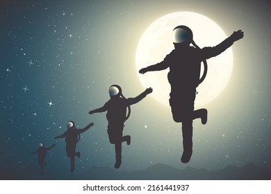 Astronaut team. Four men in space suits. Flying cosmonaut silhouette