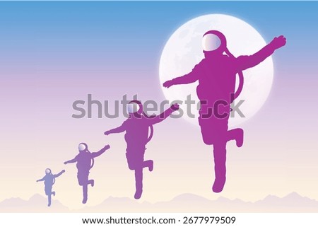 Astronaut team. Four men in space suits. Flying cosmonaut silhouette
