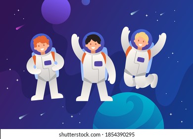 Astronaut team in outer space. Cartoon characters. Vector colorful childrens illustration. Teamwork and friendship. People are greeting and waving their hands. Emotions of characters.