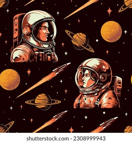 Astronaut team pattern seamless colorful with man and woman in spacewalk spacesuits for galactic travel stories vector illustration