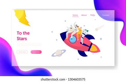 Astronaut Team Travel Rocket Intergalactic Space Landing Page. People on Spacecraft Fly in Solar Star System to Saturn Comet. Fantastic Technology Website or Web Page. Flat Cartoon Vector Illustration