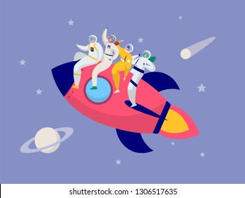 Astronaut Team Travel Rocket Intergalactic Space. People on Spacecraft Fly in Solar System to Saturn Comet Star. Fantastic Explorer Transportation to Moon Flat Cartoon Vector Illustration