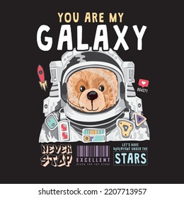 Astronaut teddy bear illustration. T-shirt graphics. Cute animal poster. Space slogans.