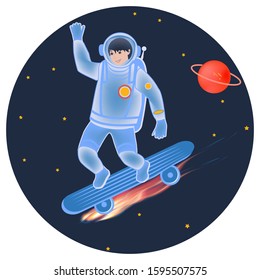 Astronaut, teenager on a skateboard - round icon, isolated on white background - vector. Space Exploration. Galaxy Tourism